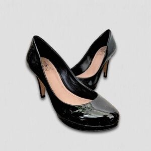 Vince Camuto Zella Platform Heels Nubuck Patent Lacquer Leather Black sz 9.5